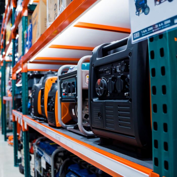 inside a generator store with mutliple generators being displayed on a shelf