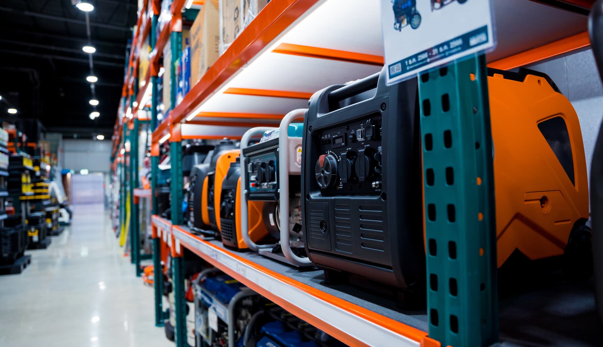 inside a generator store with mutliple generators being displayed on a shelf