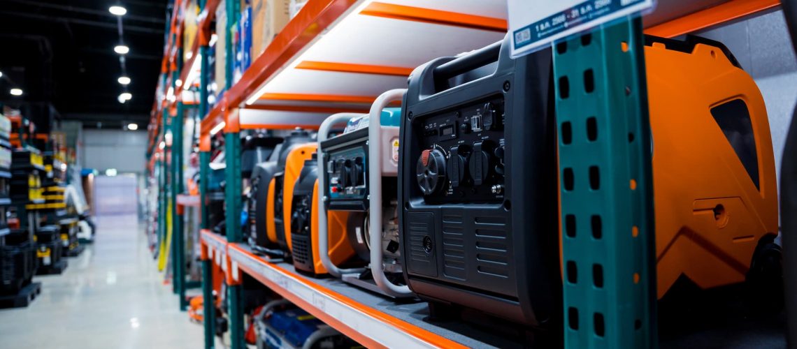 inside a generator store with mutliple generators being displayed on a shelf